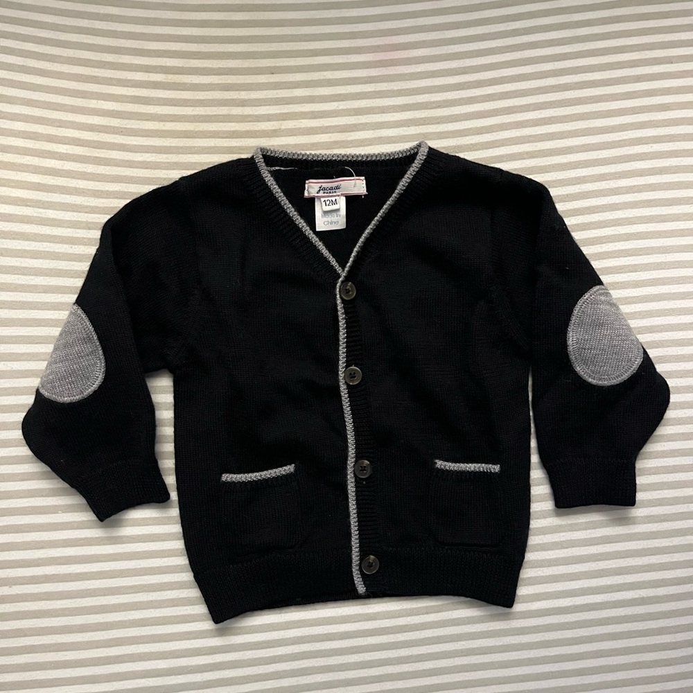 Jacadi Black Wool Blend Cardigan with Gray Arm Patches